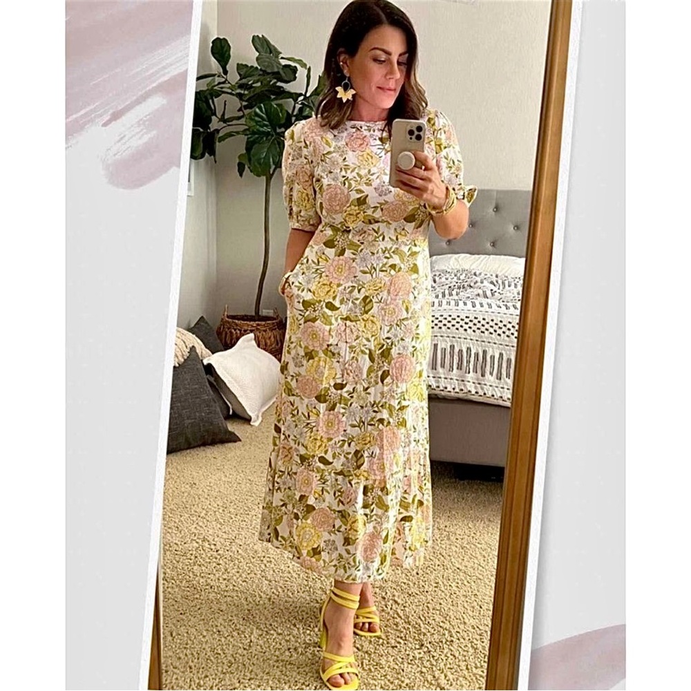 Last One Linen Floral Print Tie Back Midi Dress With Puff Sleeves & Side Pockets - Picture 4 of 11